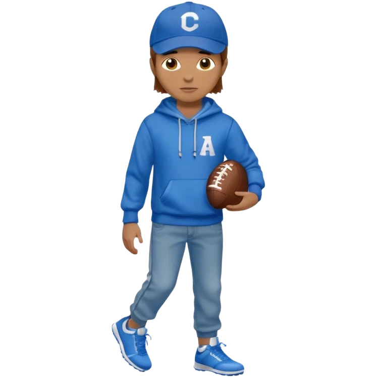 A person. With aBlue baseball cap. With a football on it. Brown hair. A blue hoodie. And tan jeans. With Nikes on. emoji
