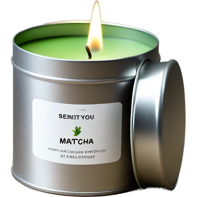 matcha scented candle in a silver tin with a small white label realistic emoji