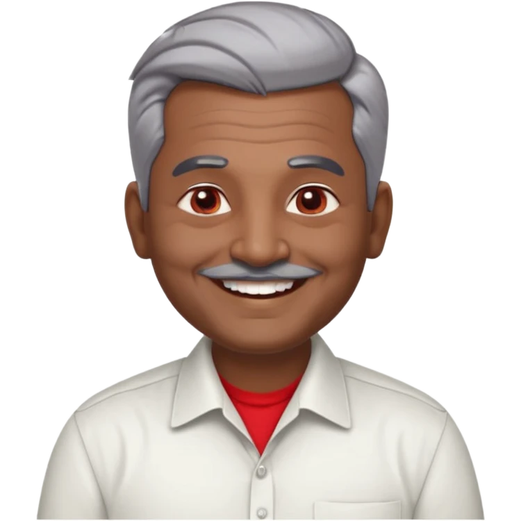 50 yr old indian man, dark skin, grey hair, big smile, white teeth, chubby, no moustache, clean shaven, young style hair, hair brushed back, 5 oclock shadow, bindy on forehead, dress shirt, red dot emoji