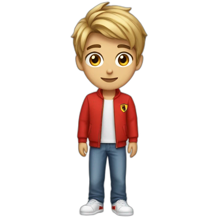 A male teenager with very short dart hair and brown eyes dressed as a ferrari supporter emoji
