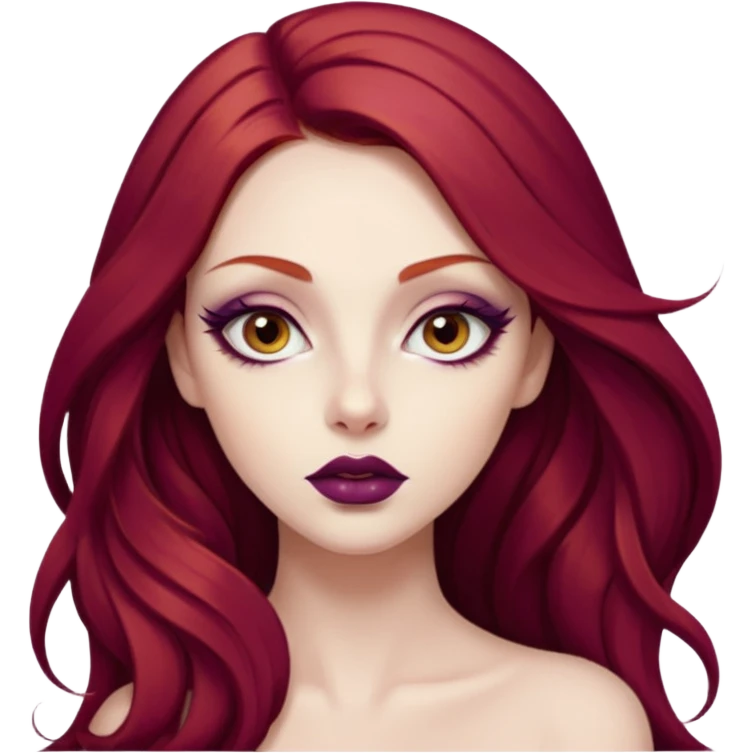 A young woman with long, deep red hair and smooth porcelain skin. She has large, expressive eyes accentuated by winged eyeliner and warm-toned eyeshadow. Her full lips are painted with deep plum lipstick. realistic style, high detail. emoji