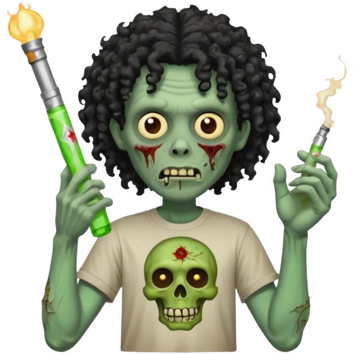 black mid long curly haired zombie getting stoned with weed t shirt and bong on his hand emoji