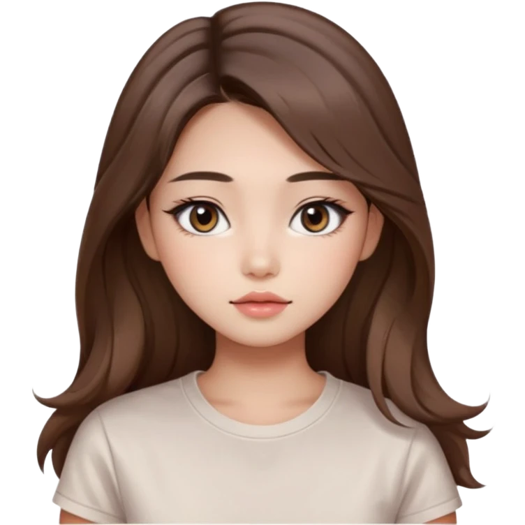 “korean straight brown hair Emoji girl, soft eyeliner and blush, gradient lips, light brown shimmer eyeshadow, long wavy hair,  emoji