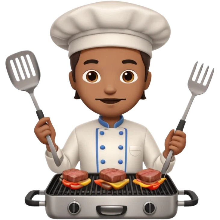 A 3D cartoon cook flipping meat on a grill with tongs, gentle smoke effect, Memoji-style lighting. emoji
