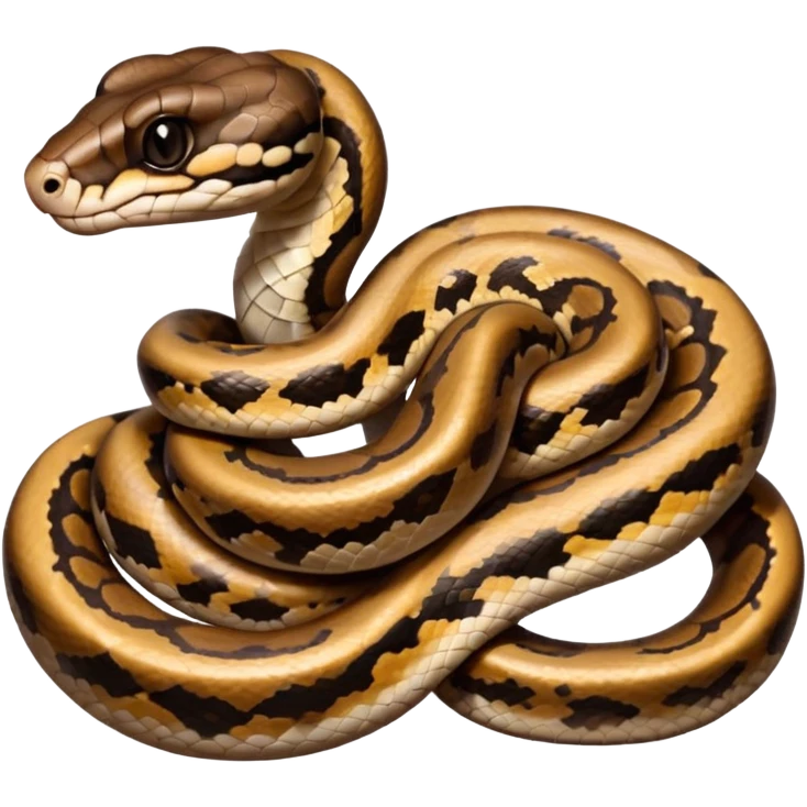 A photo-realistic digital illustration of a Ball Python, chest upward, with a short, rounded head, thick body, and a calm, curious expression. It has a warm brown base color with irregular dark blotches shaped like “alien heads,” and matte-textured scales that emphasize its small, stocky form. emoji