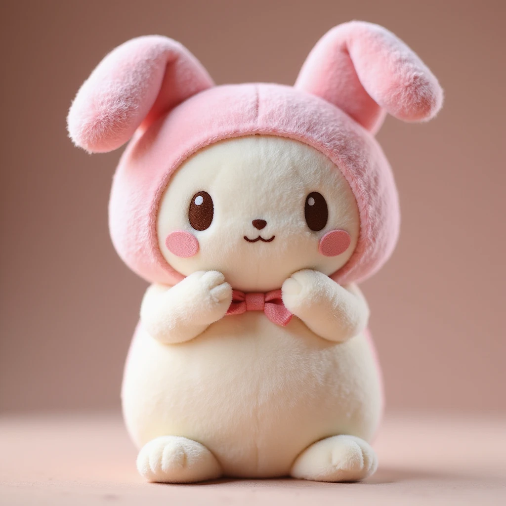 My Melody character, photorealistic style, soft lighting, gentle smile, plush toy look emoji