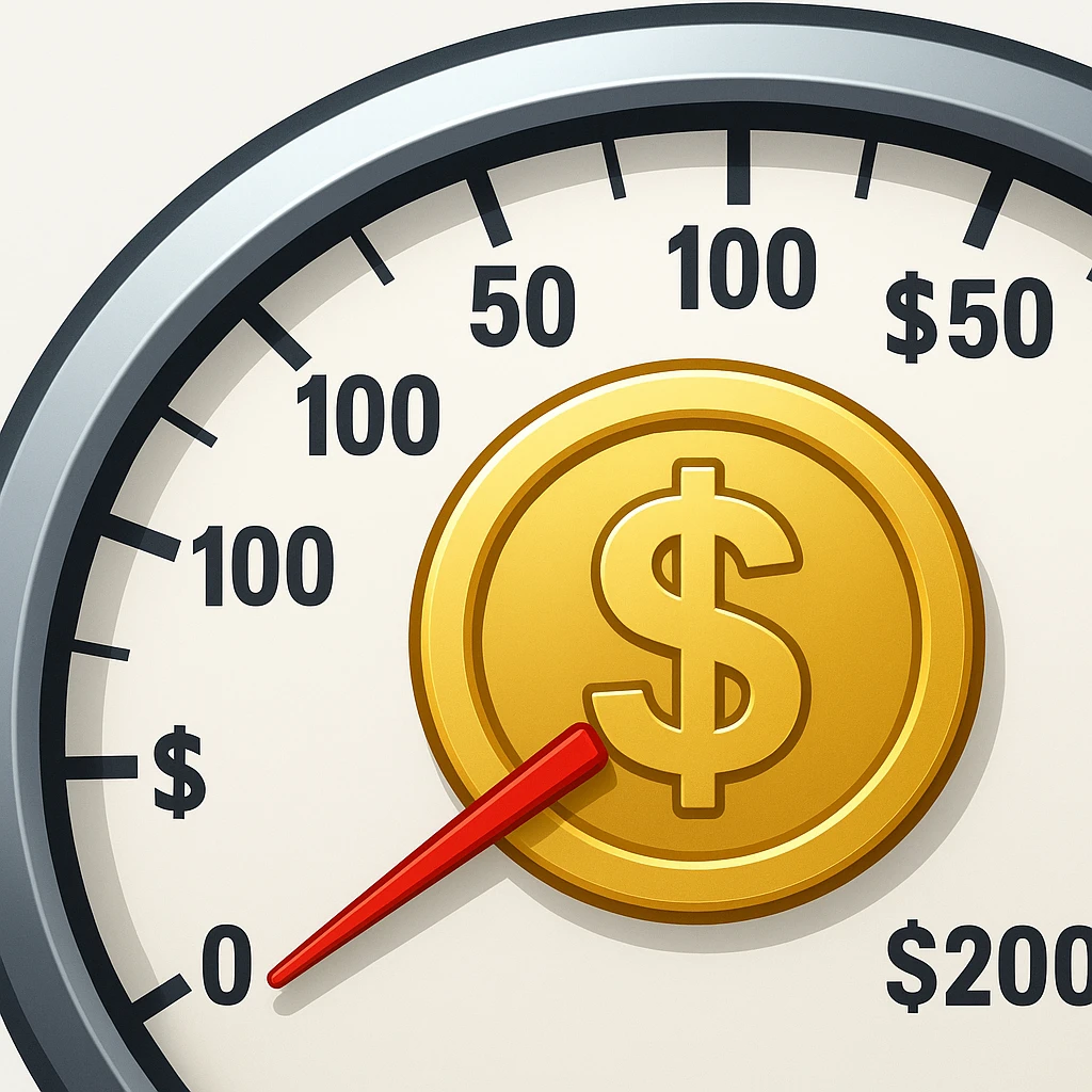Show only half of the speedometer, and make the dollar coin in the center much bigger, keep classic apple emoji style emoji