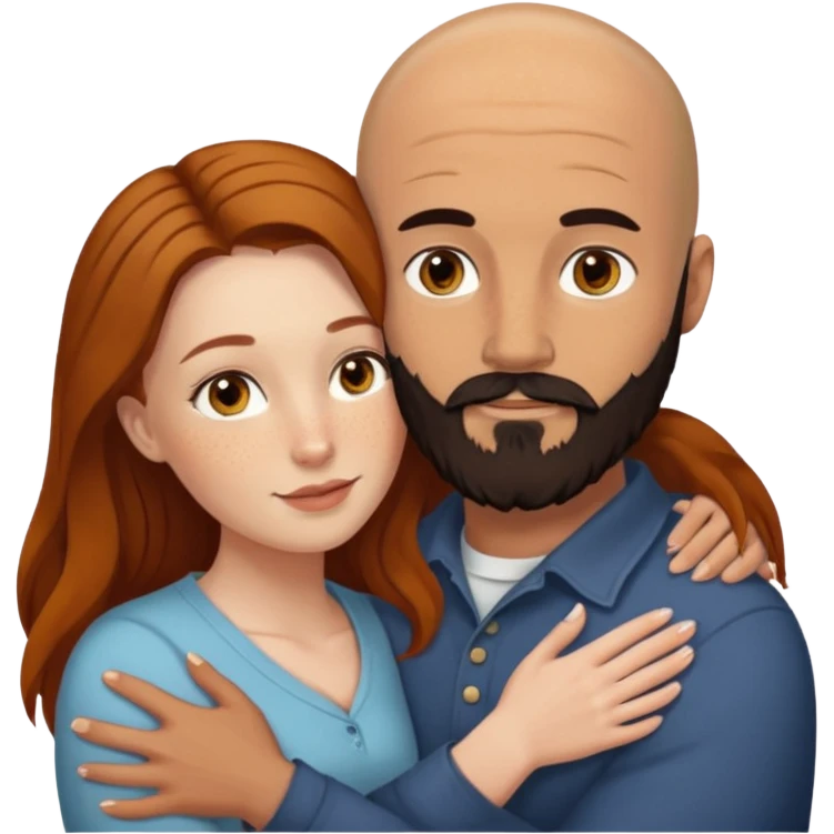 Couple. Bald man with dark brown-black beard. White woman with many small, faded freckles, she has white skin and she has auburn-yellow-brown-cinnamon, dark long hair. She has light brown eyes. The man have hazel eyes. Retro style. They hug. emoji