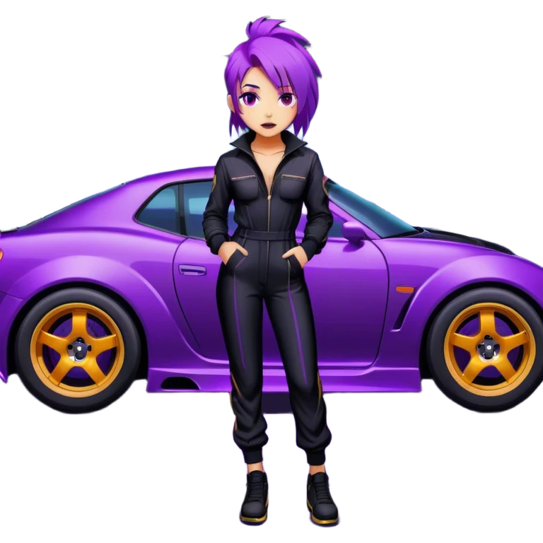 A street racer girl with messy purple hair, black jumpsuit, standing beside a neon-lit car. emoji