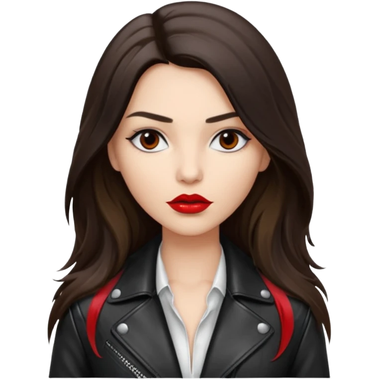 brunette with very long hair in black cuir jacket with red lips and very dark brown eyes and white shirt emoji
