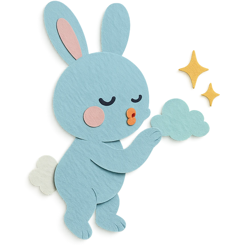 full-body pastel blue bunny with cloud, blowing a kiss with sparkles, paper-craft style emoji
