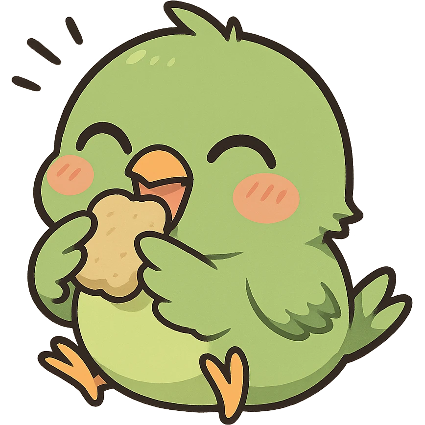 green chibi anime bird eating, cute and joyful, chibi style, anime style, cute character, joyful expression emoji