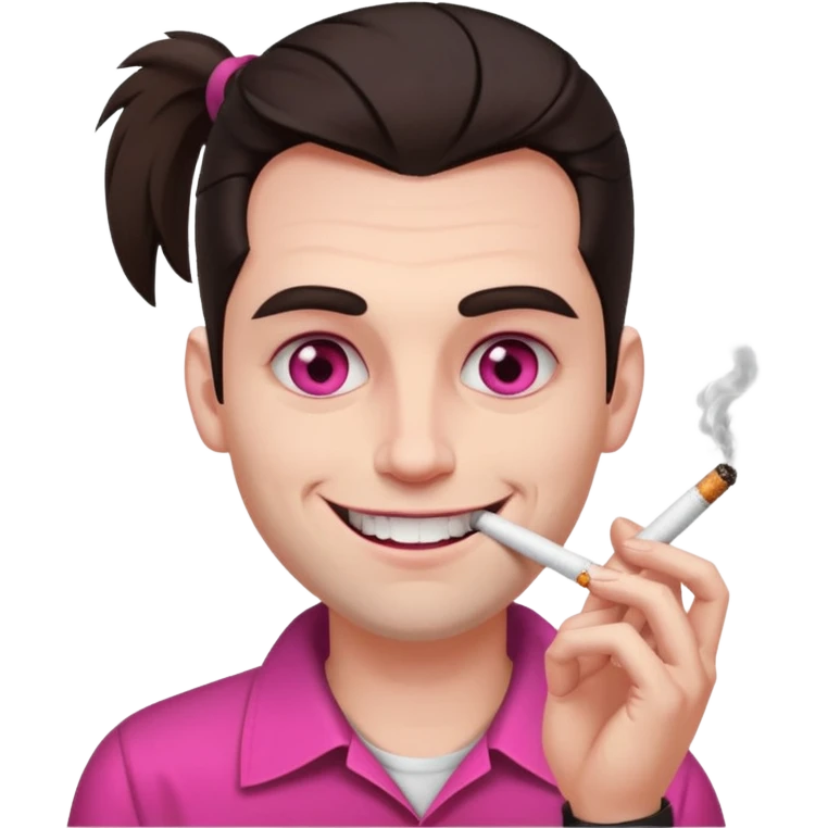 A white man with dark brown hair in a ponytail, oversized bloodshot pink eyes, grinning, smoking a long roll up emoji