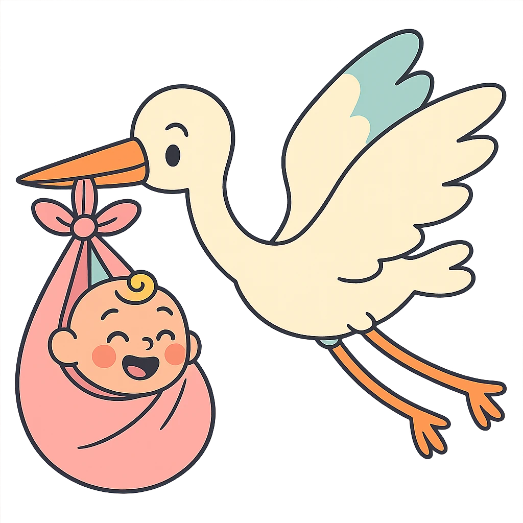 human baby in a bundle being carried by a flying stork in pastel toon style emoji