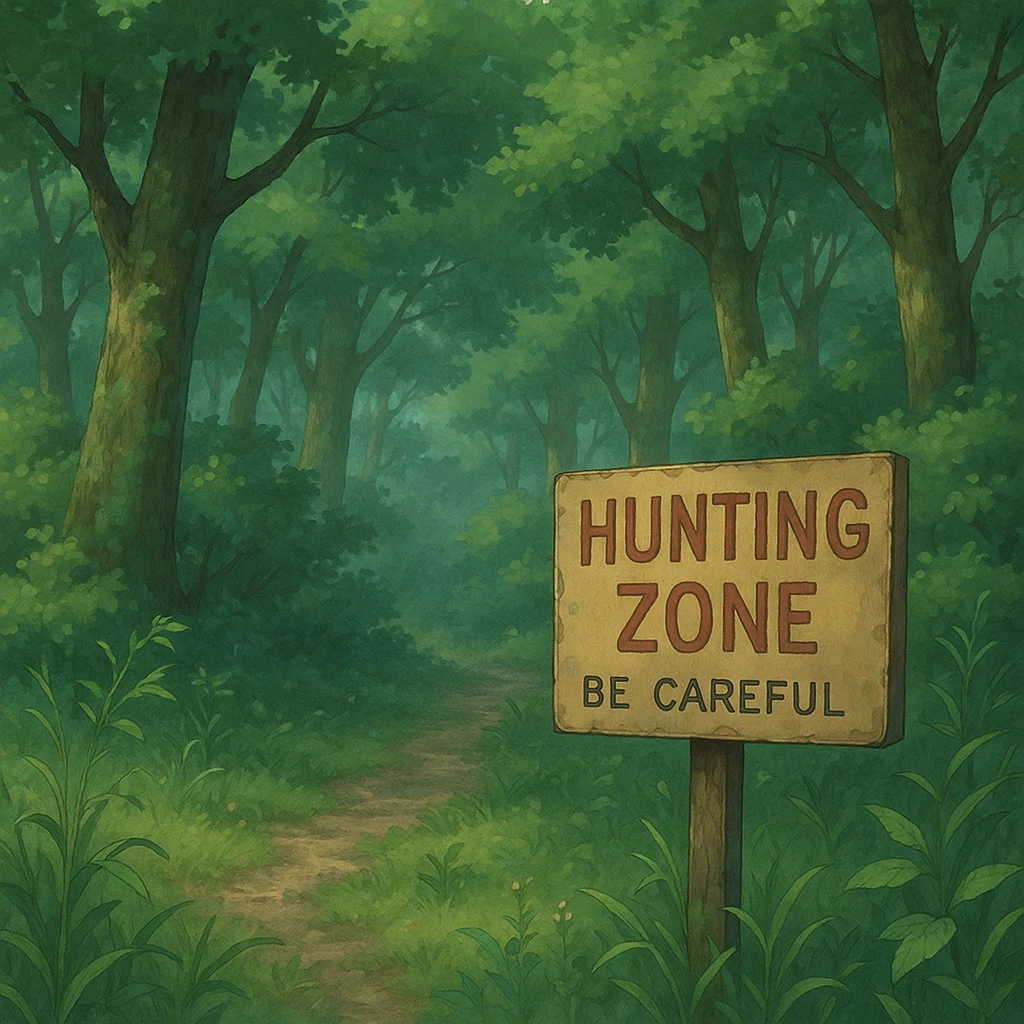 ghibli style forest scene with hunting zone sign and subtle warning emoji