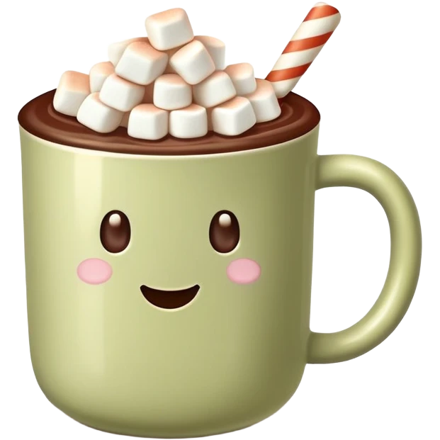 Pale olive mug of hot chocolate with marshmallows  emoji