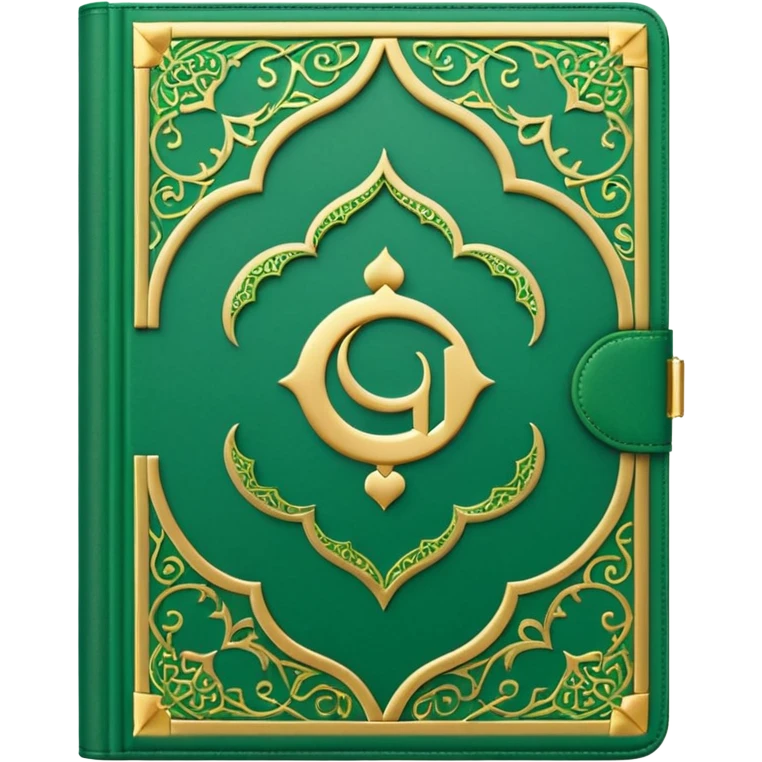 open Quran with decorative cover, green and gold, emoji style emoji