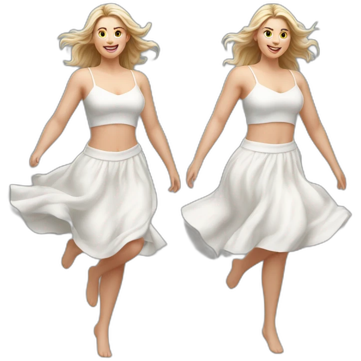 Hyperrealistic Full body Caucasian curvy beauty jumping white skirt back and front views strong wind emoji