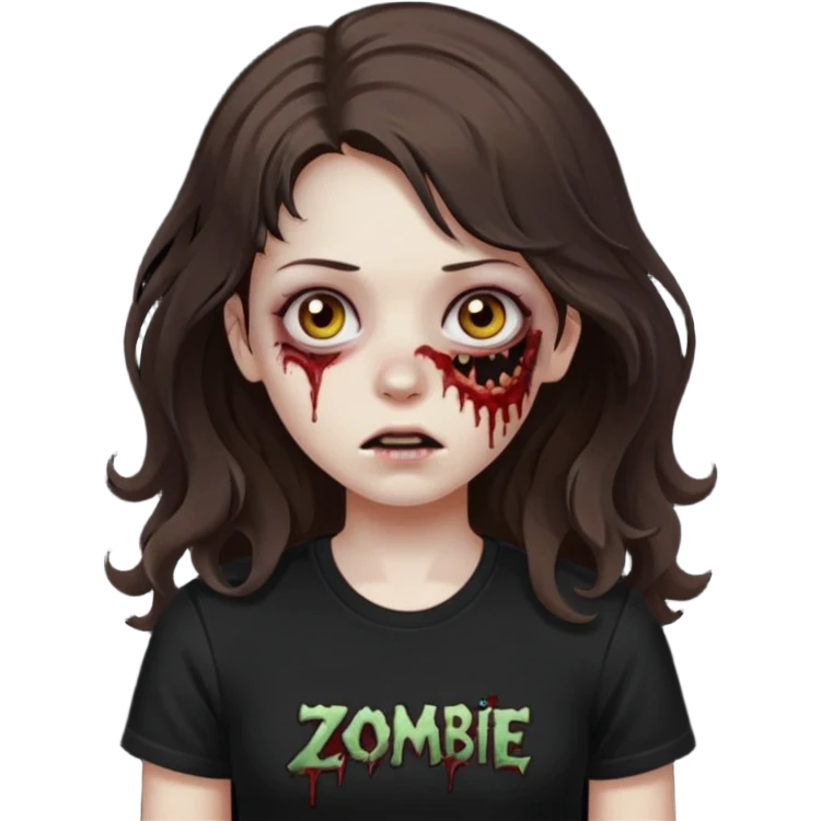 crie uma garota com ferimentos zoombie cabelo ondulado 2c longo castanho escuro e blusa básica preta sem nada  emoji