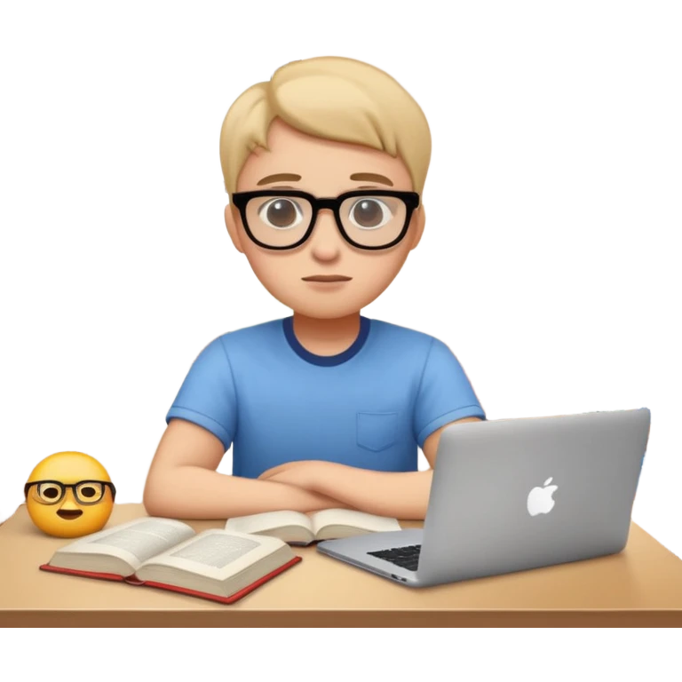 emoji student studying at home english books, macbook bored, room, white background emoji