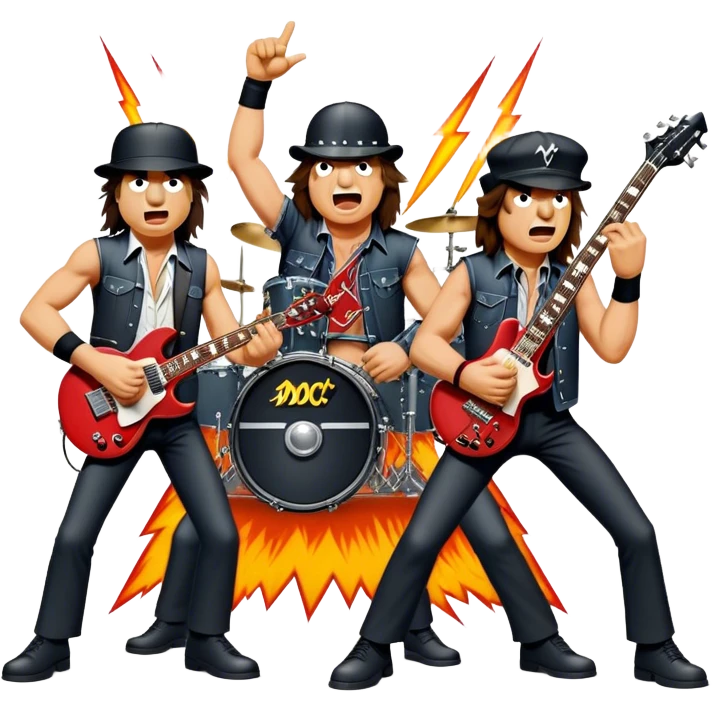 Cinematic Realistic AC/DC Band Emoji, depicted as a high-energy rock ensemble with electrifying stage presence and gritty textures, rendered with bold vibrant lighting that captures the raw power and rebellious spirit of their music. emoji