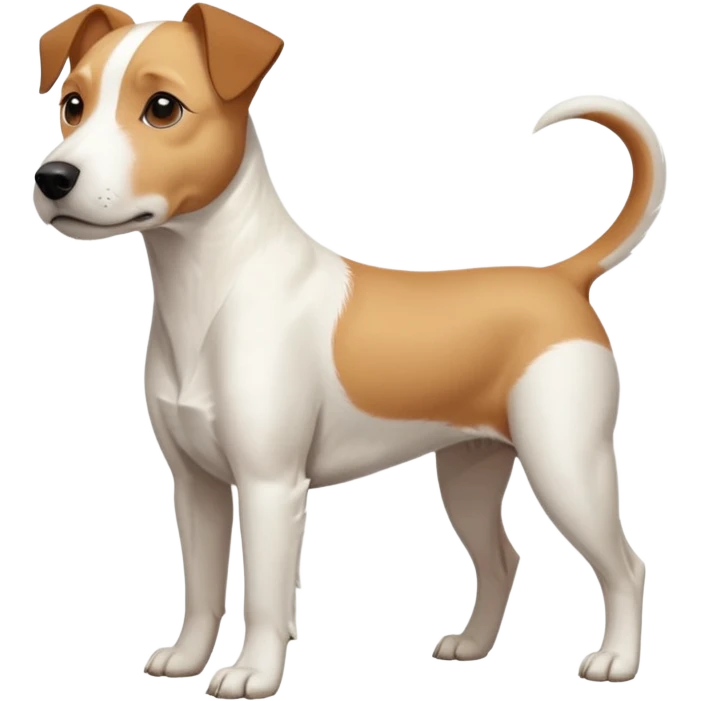 a full body facing front on of a buff white parson russell terrier looking dog the size of a kelpie with light brown long ears resting on its face and a light brown patch on one eye and a large snout. the rest of the dog is completely white.  emoji