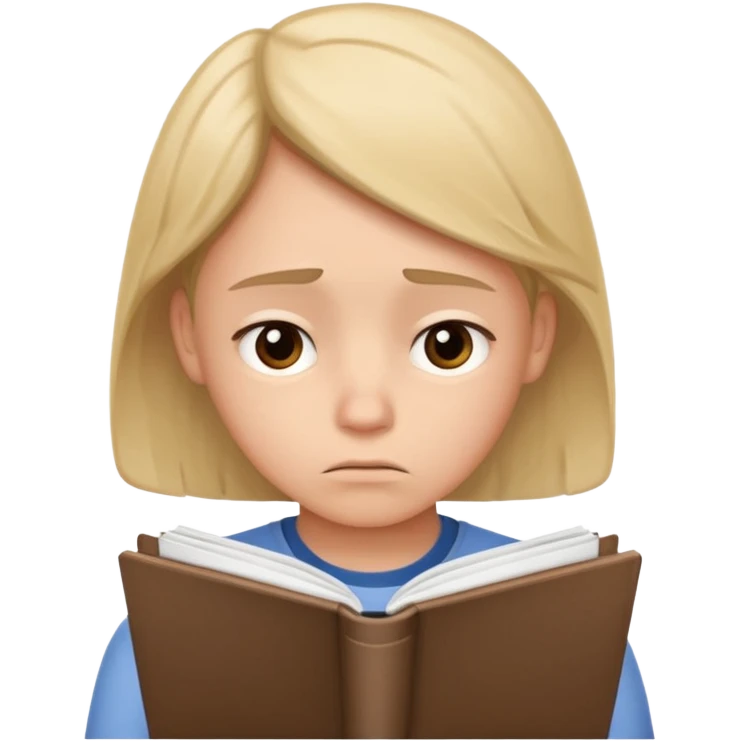 student thinking about a question, frowning while looking at notebook, thoughtful emoji