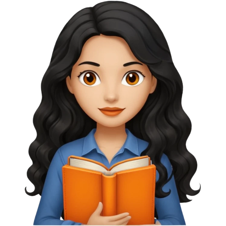 Long Hair Women with orrange Book, Black wavy hair emoji