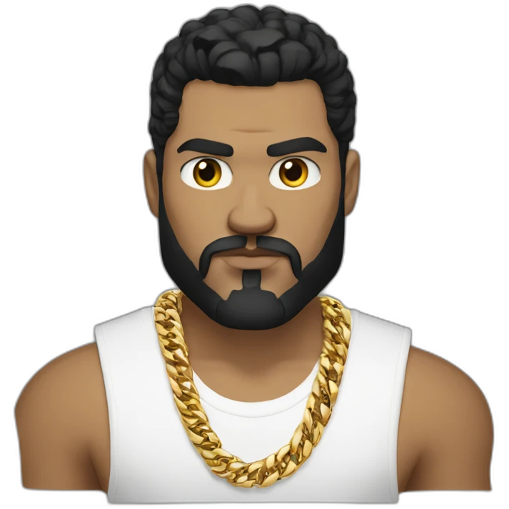Russian strong thug wearing gold chain with black hair and short beard, wearing designer fendi tshirt emoji