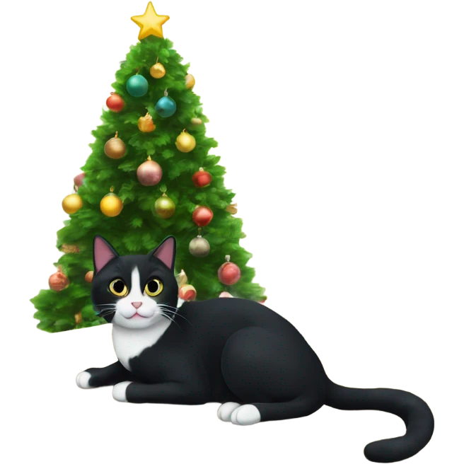 Black tuxedo cat sitting Christmas tree  emoji