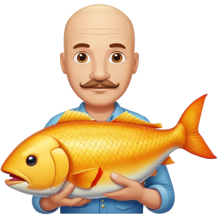 Bald white man with mustache holding a big fish emoji