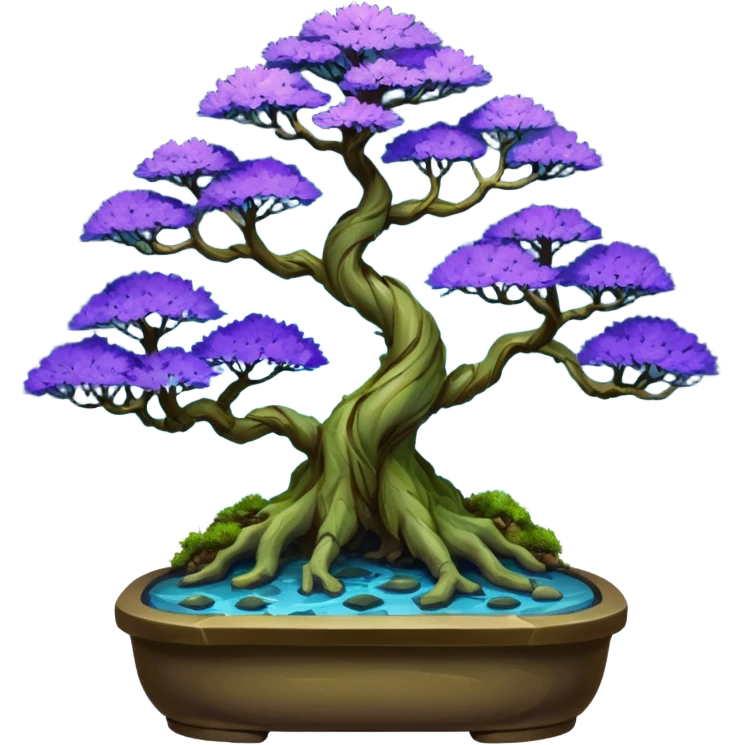 Futuristic wild glowing space alien moss maples Bonsai hair-pine-leaf group multi faceted intricate crystalline inspired boxwood purple blue informal rocky cliffhanger eight trees forest planting in shallow willow slab style pot with big animal-like feet  emoji