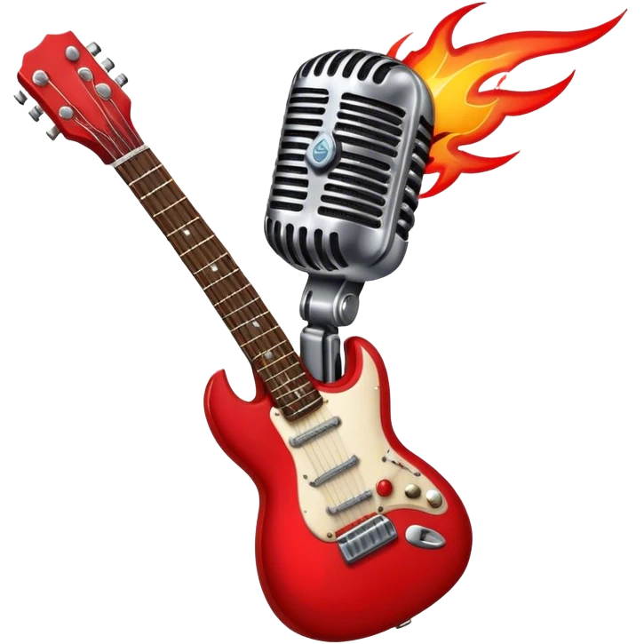 Create a bold and dynamic emoji representing rock vocal performance in a humanless collage. The design should feature a vintage microphone at the center, surrounded by key rock elements like an electric guitar, drumsticks, and a guitar pick. Include symbols of energy, such as lightning bolts or flames, and subtle musical notes or sound waves to evoke the raw power of rock vocals. Use dark, bold colors like black, silver, and red, with hints of chrome or metallic accents to convey the edgy, rebellious spirit of rock music. The background should be transparent. emoji