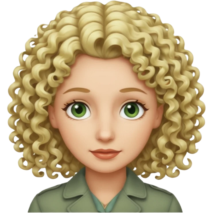 a woman in her late 40s and has greyish greenish eyes and blonde curly hair emoji