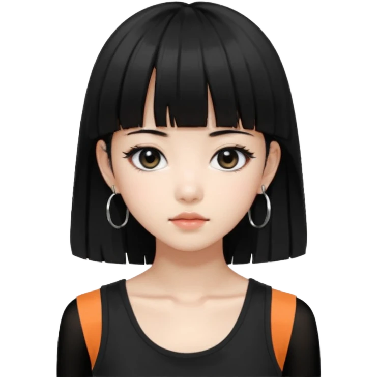 Korean girl, black tank top, black hair, black eyes, layered hair, cool girl, aesthetic, long hair, hime cut, blunt bangs, small silver hoop earrings emoji