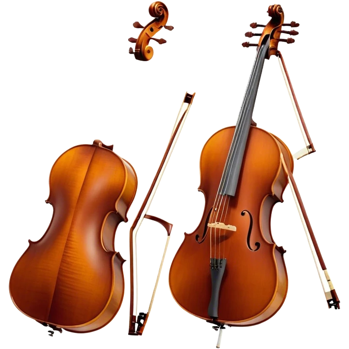 Create a refined and detailed emoji representing a Cremona 4/3F 4/4 cello with a bow. The design should feature the smooth, polished wooden body of the cello with a deep, rich tone color. The strings and tuning pegs should be visible, emphasizing the instrument's fine craftsmanship. Add a delicate bow placed gently across the strings, with intricate detailing on the hair and frog. Include subtle musical notes around the cello to evoke the graceful, classical sound. Use warm wood tones and accents like gold and silver for a professional, elegant look. The background should be transparent. emoji