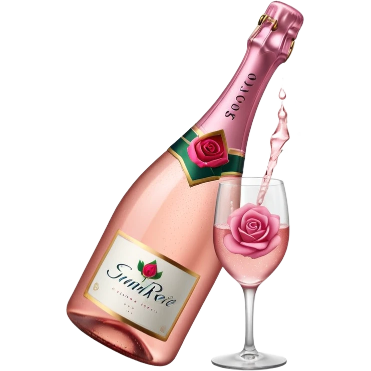 bottle of sparkling rose champagne tilted up and to the right, with a rose logo emoji