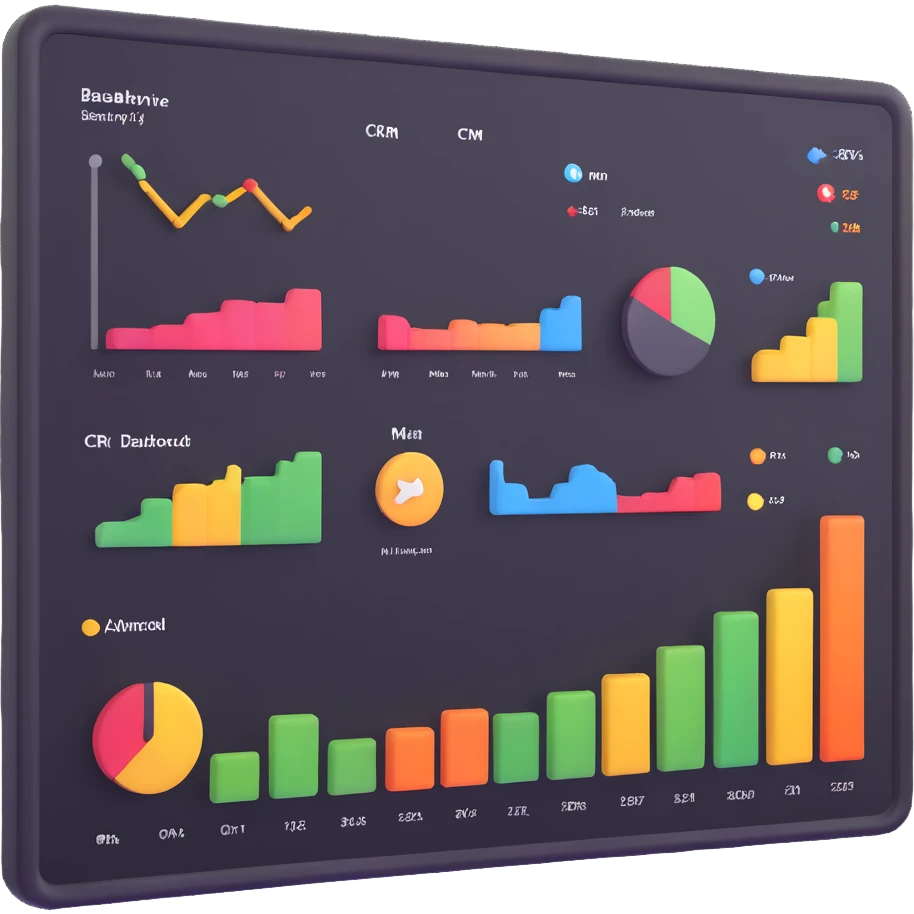 CRM dashboard with cheerful icons and graphs emoji