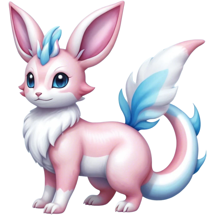 Feral Rare Fantasy cute realistic adorable pastel pink light-blue white iridescent Sylveon-Milotic-Minccino-Vernid-Sergal-hybrid by LiLaiRa, markings, tufted ears, full body emoji