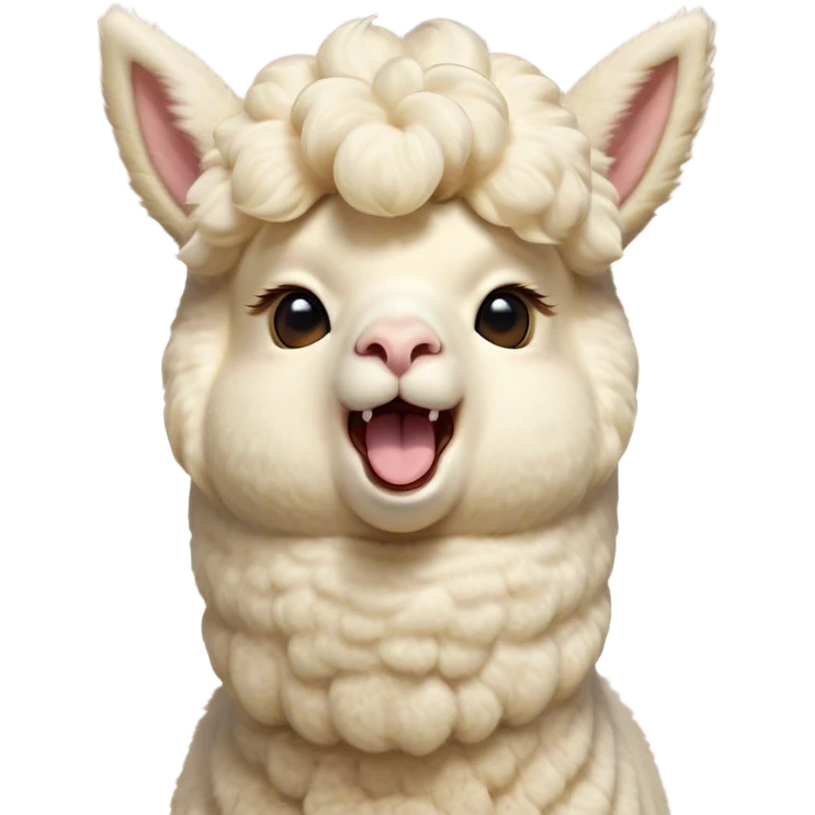 Cinematic Cute Yawning Cream Alpaca Portrait Emoji, Head tilted slightly with a dramatic, wide-open yawn, showcasing a soft, fluffy cream fleece with subtly drooping ears, round gentle eyes barely open in drowsy contentment, Simplified yet irresistibly adorable features, highly detailed, glowing with a soft, cozy glow, high shine, relaxed yet expressive, stylized with a touch of whimsy, bright and endearing, soft glowing outline, capturing the essence of a sleepy yet affectionate alpaca, so drowsy it feels like it could stretch out of the screen and curl up for a nap! emoji