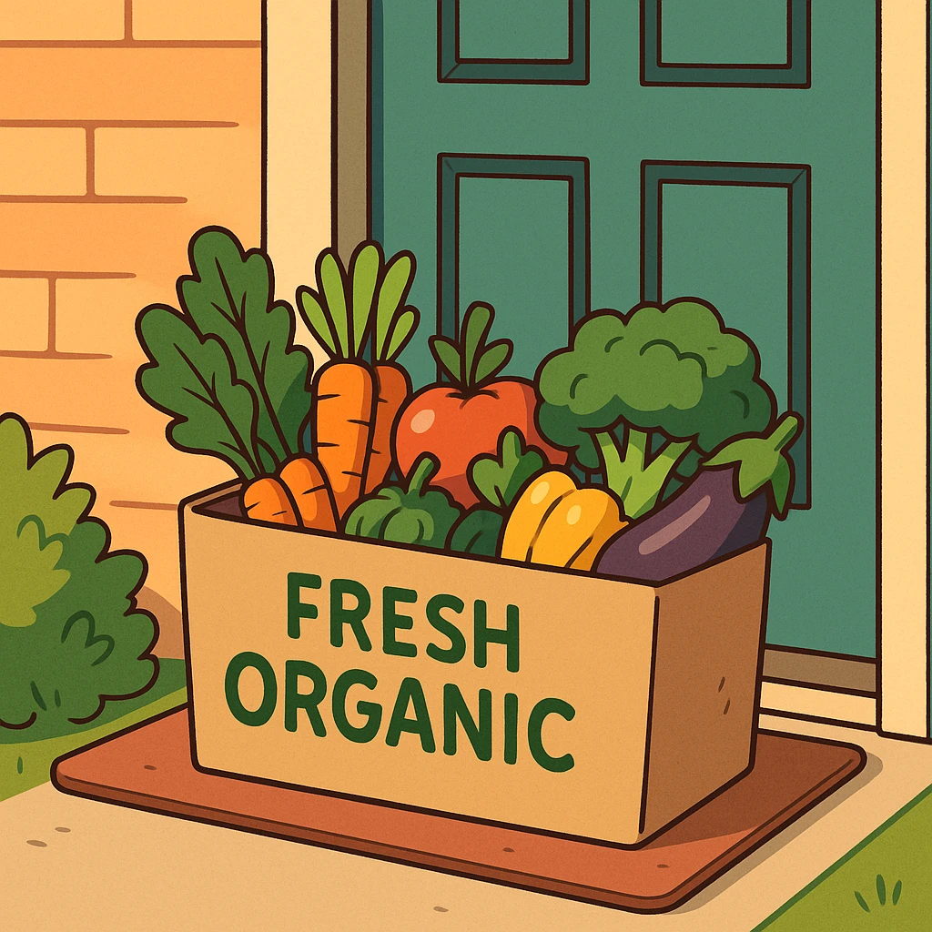 flat toon style illustration of a box of fresh organic products at the door of a house, vibrant colors emoji