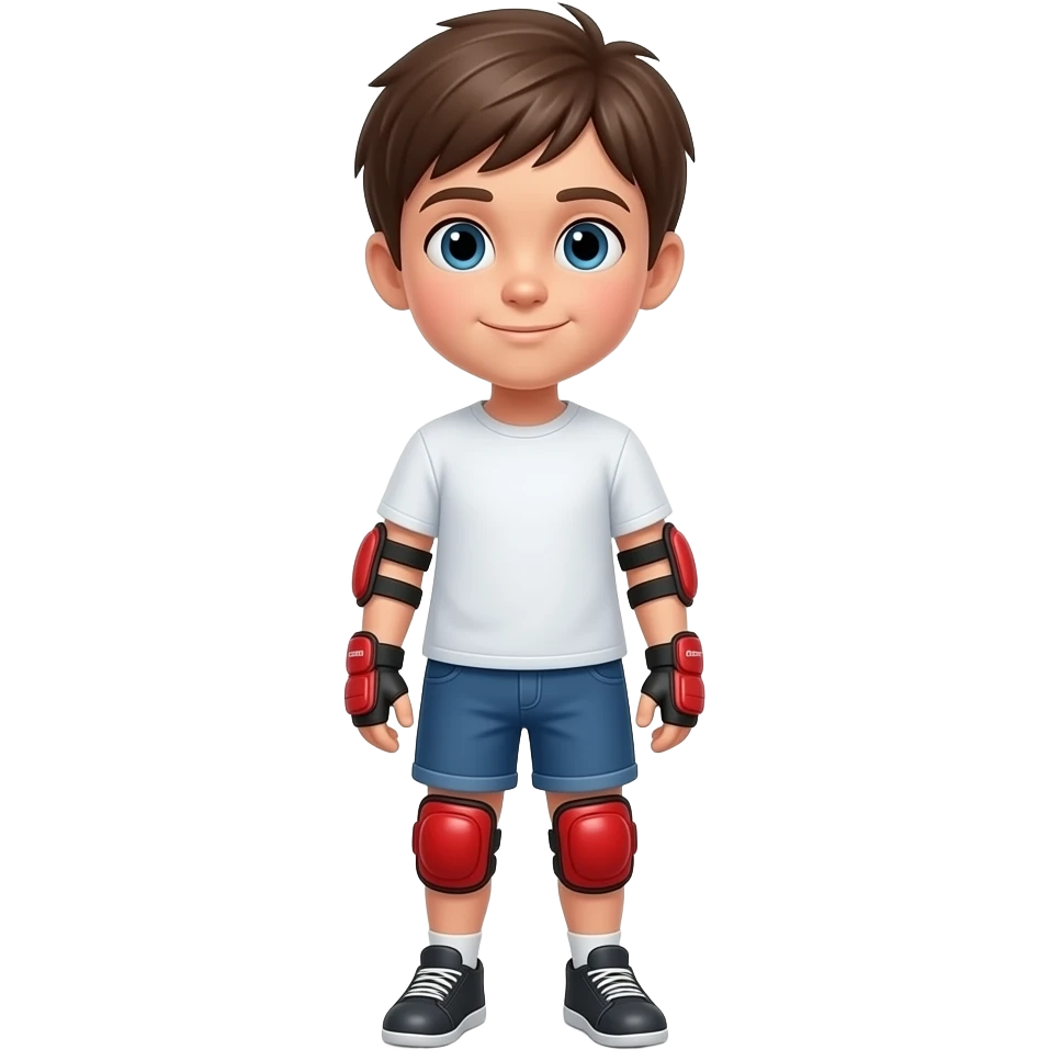 Child standing upright, wearing red elbow pads and knee pads, ready-to-play expression, front-facing pose. emoji