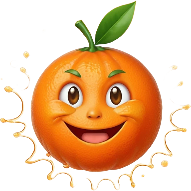 Juicy explosion mandarin emoji, bursting juice splash everywhere, exaggerated happy reaction, bright orange color, simple cartoon style, transparent background. emoji