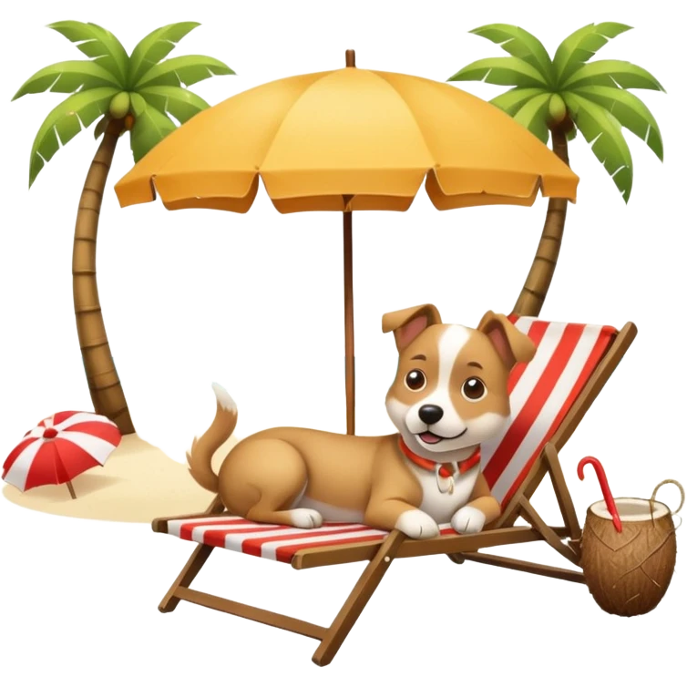 a dog laied on a beach chair, a sunny beach, a sun umbrella, and beach coconut trees. the icon should capture the essence of a relaxing beach vacation with a carefree atmosphere emoji