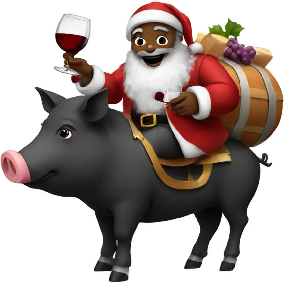 Black Santa riding a pig drinking wine  emoji