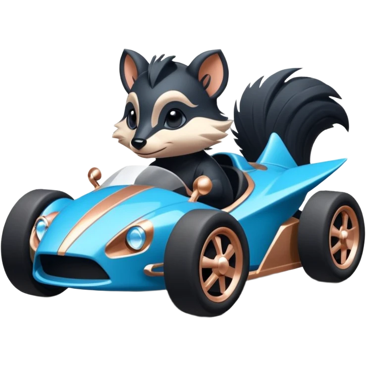 dark crystal blue and rosegold-accented faceted-body electric racing car driven by a small cute but fearless skunk with rear spoiler, roll bar, and wheely bar emoji