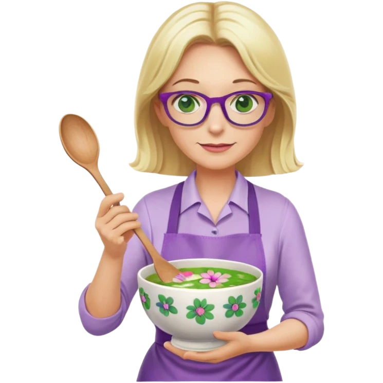 middle aged woman with shoulder length blonde hair, purple glasses, green eyes, flower apron, holding a bowl and mixing spoon emoji
