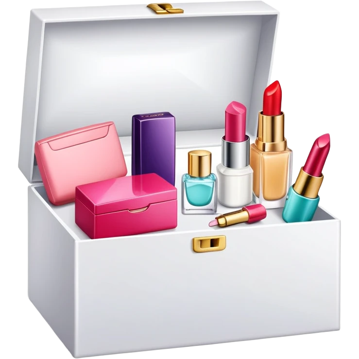 an open box overflowing with beauty products, including lipstick, face cream, and a perfume bottle emoji