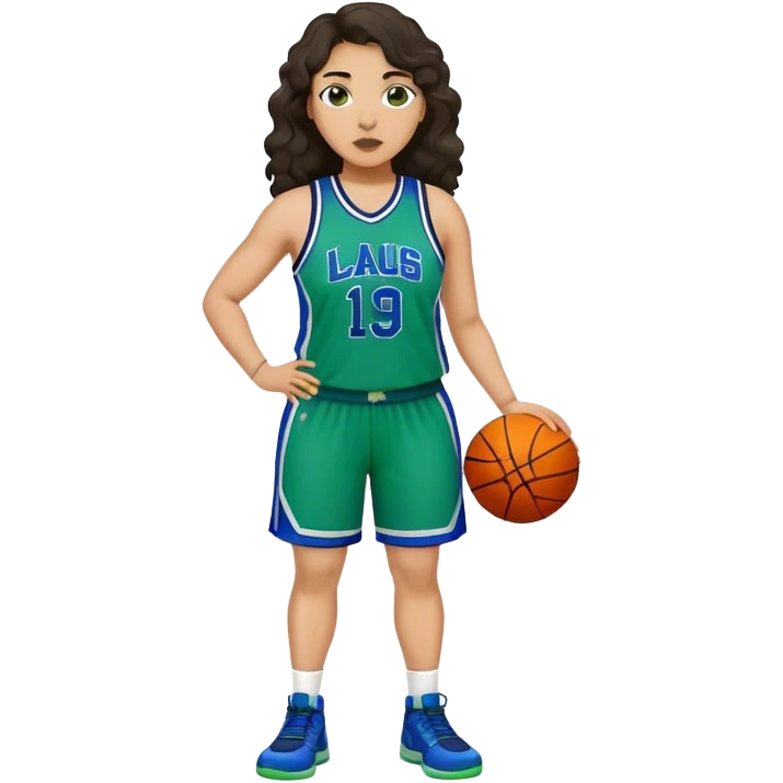 full body plus size light skin latino women basketball player with wavy dark hair large widenose wearing blue and green uniform emoji