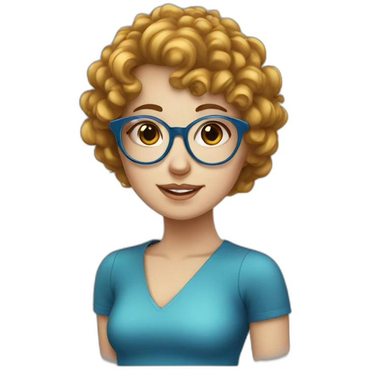 white girl with blue curly hair, bangs, round glasses emoji